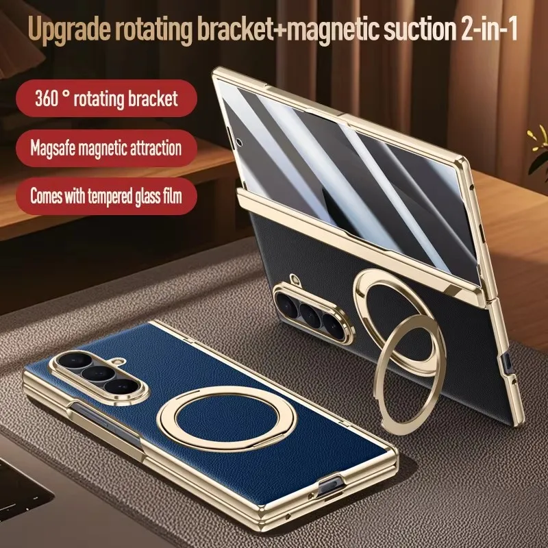 Luksusowe skórzane etui do Samsung Galaxy Z Fold8 Ultra 8 7 360 ° Obrotowy uchwyt, magnetyczna folia ochronna z hartowanego szkła, bezprzewodowe ładowanie