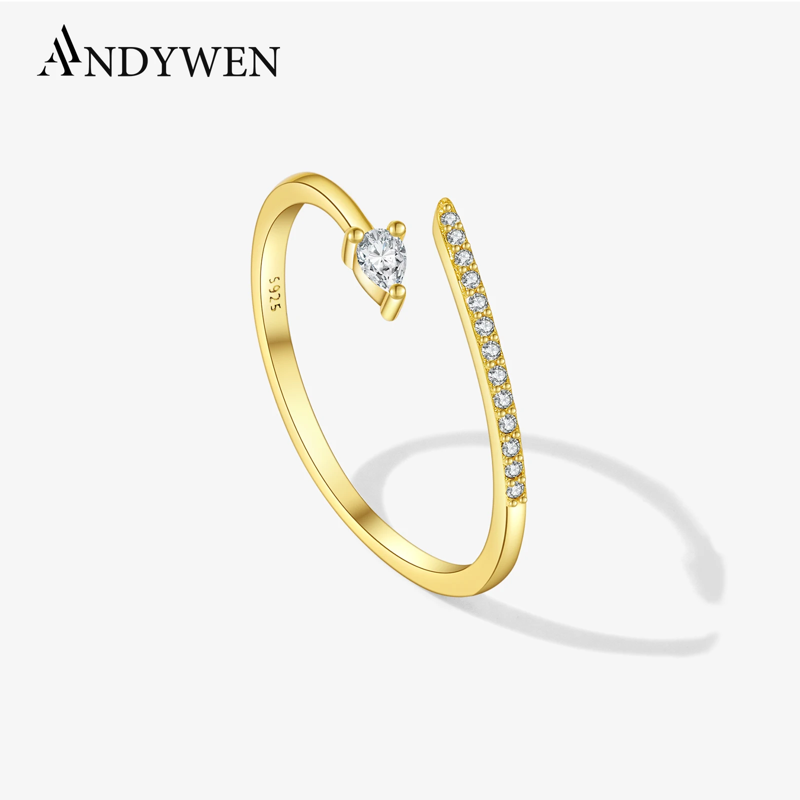 

ANDYWEN 925 Sterling Silver Water Drop Shape Zircon CZ Adjustable Open Ring Simple Luxury Party Gift Fine Jewelry for Women