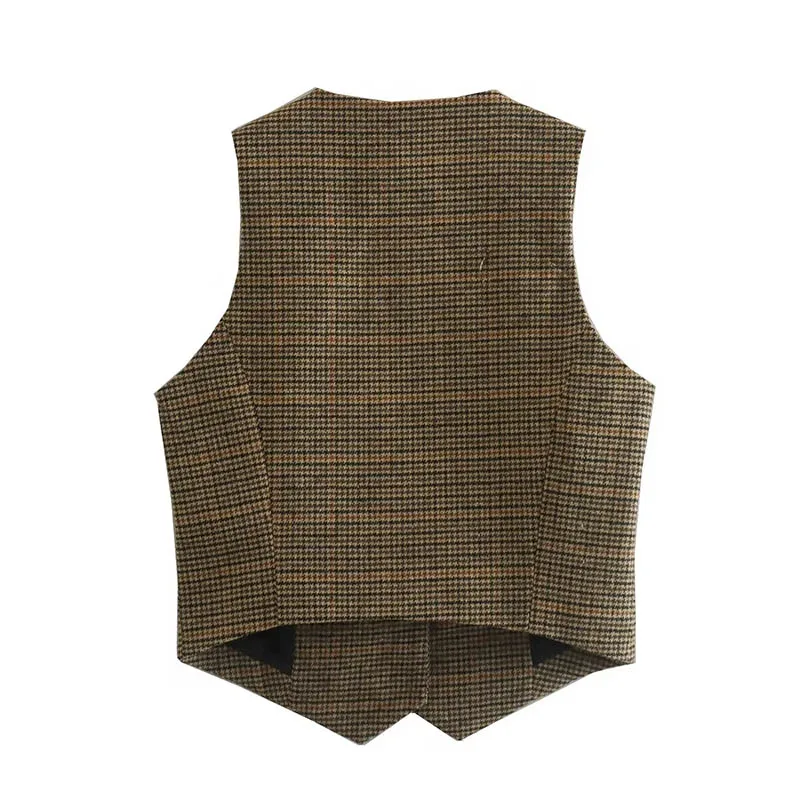 YUEYANG Vintage Brown Plaid Women Vest Sleeveless V Neck Buttons Jackets Fahison 2024 Autumn Casual Lady Waistcoats