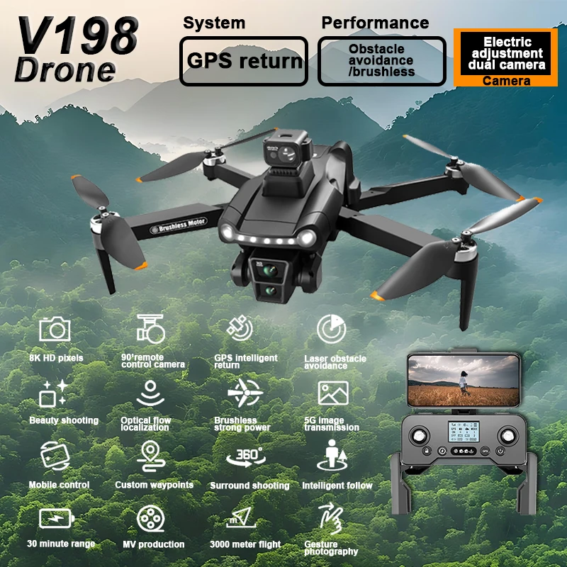 

Для Xiaomi V198GPS Дрон 8K Профессиональная HD-камера ESC Бесщеточный антенна для предотвращения препятствий Оптический складной квадрокоптер Мини-дрон