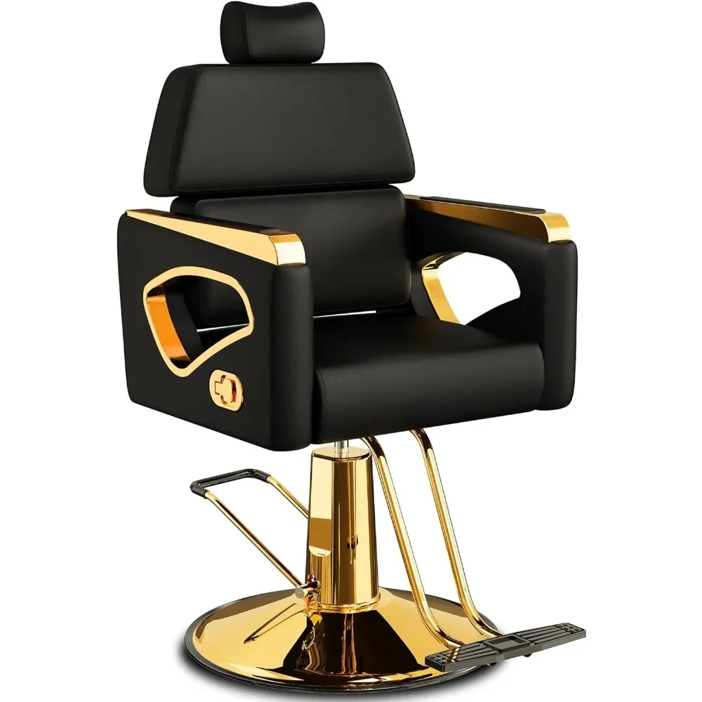 Professional Reclining Salon Chair with Removable Headrest,Heavy-duty Gold Barber Chair,Comfortable