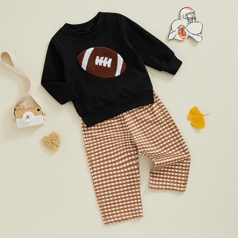 2024-07-23 Lioraitiin Boy Fall Pants Set Football Embroidered Long Sleeve Round Neck Sweatshirt Plaid Long Pants Outfits