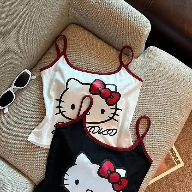 Cartoon Hello Kitty Printed Suspender Kawaii Y2K Bottoming Shirt Sweet Girly Heart Vest Sleeveless Beach Back Girl Gift