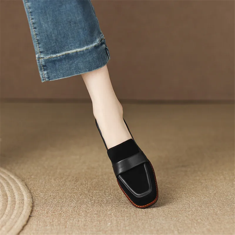 Spring Autumn New Women Pumps Sheep Suede Simple Loafers Casual Square Toe Shoes Woman Chunky Heel Shoes for Women Slip-On Shoes