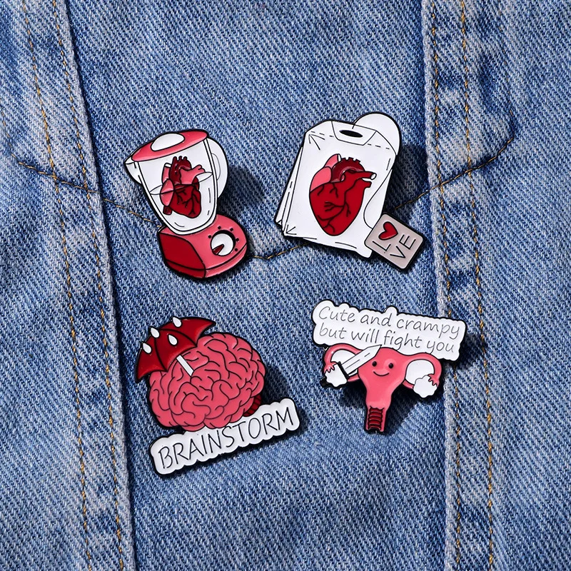 Creative Medical Organ Brooch Red Heart Juicer Tea Bag Umbrella Brain Dagger Womb Body Organ Badge Punk Lapel Pins Jewelry Gift