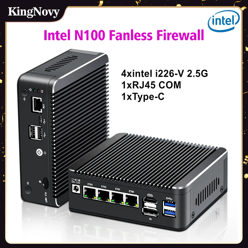 Kingnovy 팬리스 미니 PC 방화벽 컴퓨터, 12 세대 인텔 N100 2.5G 소프트 라우터, 4x i226-V LAN, 1 * COM RJ45, C타입 pfSense PVE ESXi