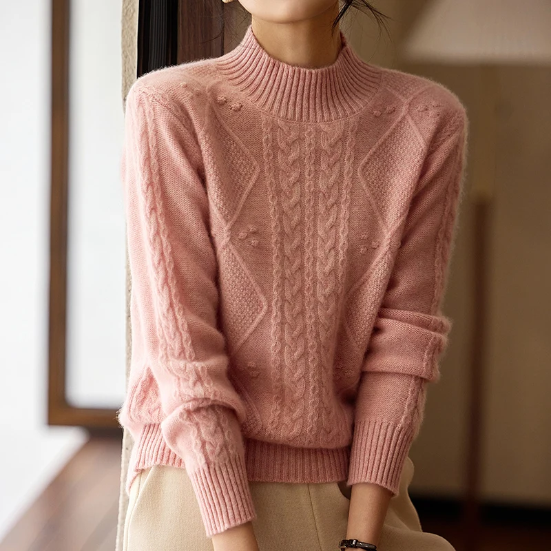 Women 100% Merino Wool Gentle Mock Neck Sweater Solid Color Pullover Soft Cashmere Fashion Basic Casual Versatile Clothing Top