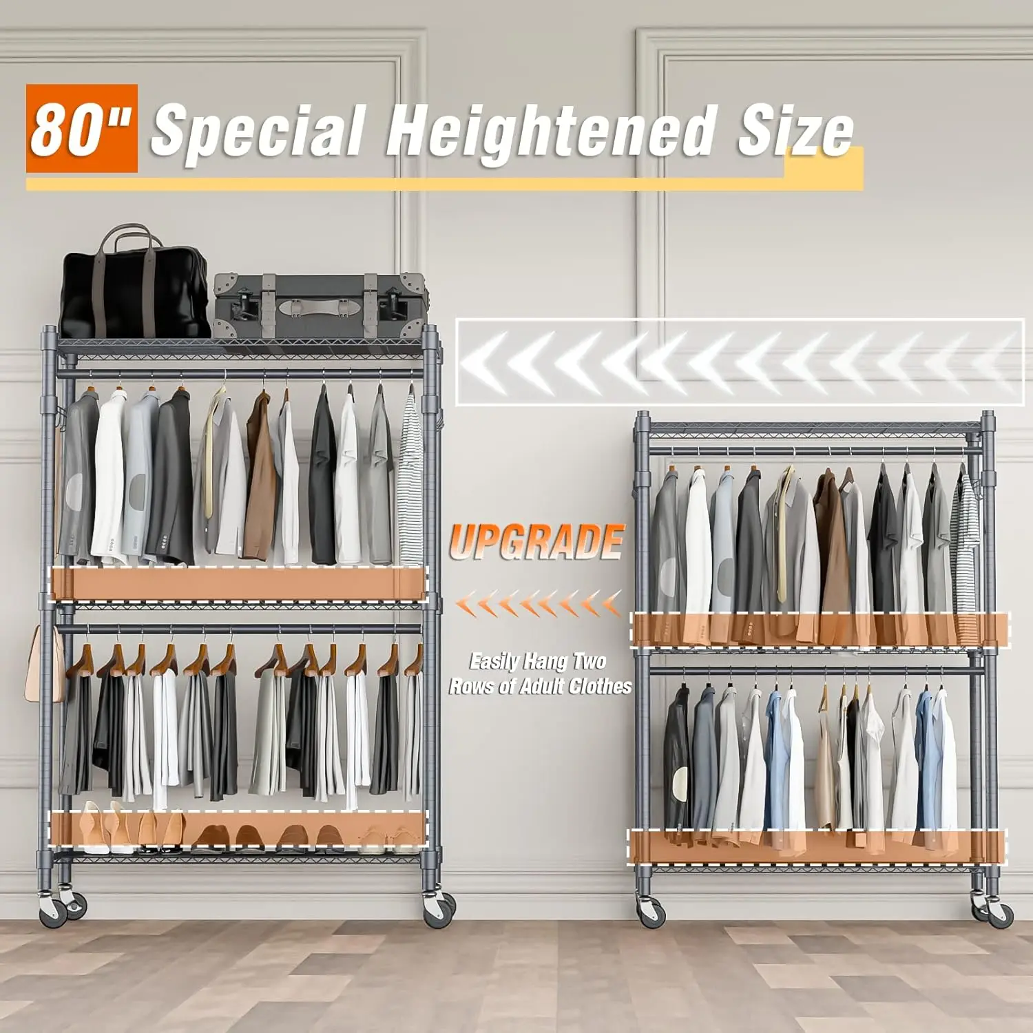 3 Shelves Wire Shelving Clothing Rolling Rack Heavy Duty Commercial Grade Garment Rack with Wheels and Side Hooks