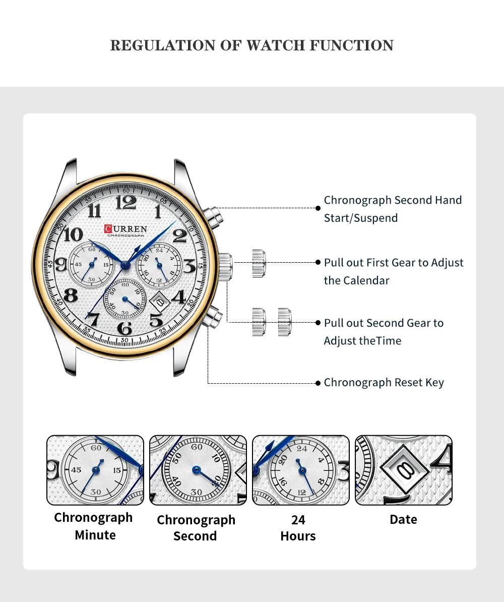CURREN Modische Sport-Chronograph-Herrenuhr mit Edelstahlarmband, Automatisches Datum, Lässige Quarz-Armbanduhr, Relogio Masculino – Detail 4