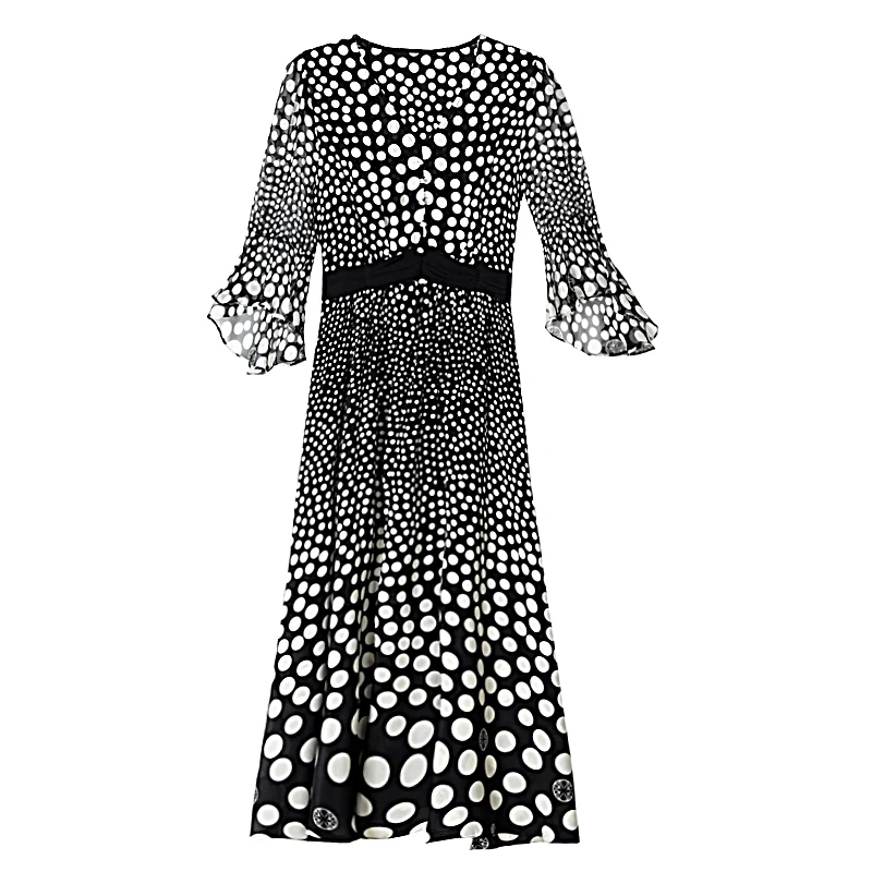ชุดเดรสยาวผ้าไหมพิมพ์ลายดอกไม้สไตล์โบฮีเมียนสำหรับฤดูใบไม้ผลิ 2025 ชุดเดรสสั้นลายจุดสีดำสไตล์วินเทจสำหรับฤดูร้อนสำหรับผู้หญิง ชุดเดรสหลวมๆสำหรับงานปาร์ตี้และงานกลางคืน