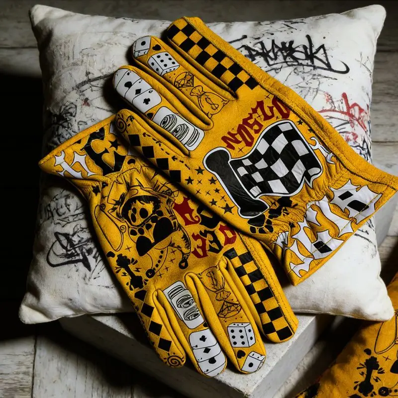 Men's Vintage Graffiti Leather Motorcycle Gloves Full Grain Winter Warm Windproof Racing Camping Outdoor Riding