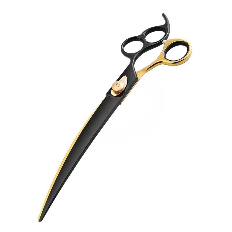 7.0/8.0/9.0 Inch Pet Grooming Three Holes 360 Degrees Swivel Rotating Thumb Curved Scissors Black&Gold Dog Beauty Shears