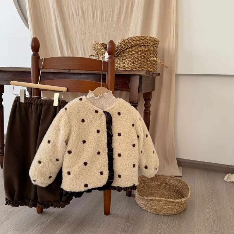 Winter New Girls Polka Dot Embroidery Plush Coat Children Cotton Padded Jacket Fashion Baby Girl Cute Lace Coat Warm Coat 5