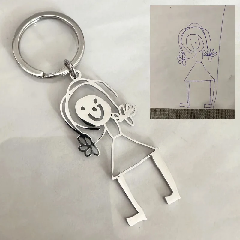 96 hours Shipment Customized Children\'s Drawing Keychain Kid\'s Art Personalized Keyring Stainless Steel Custom Design LOGO Gift