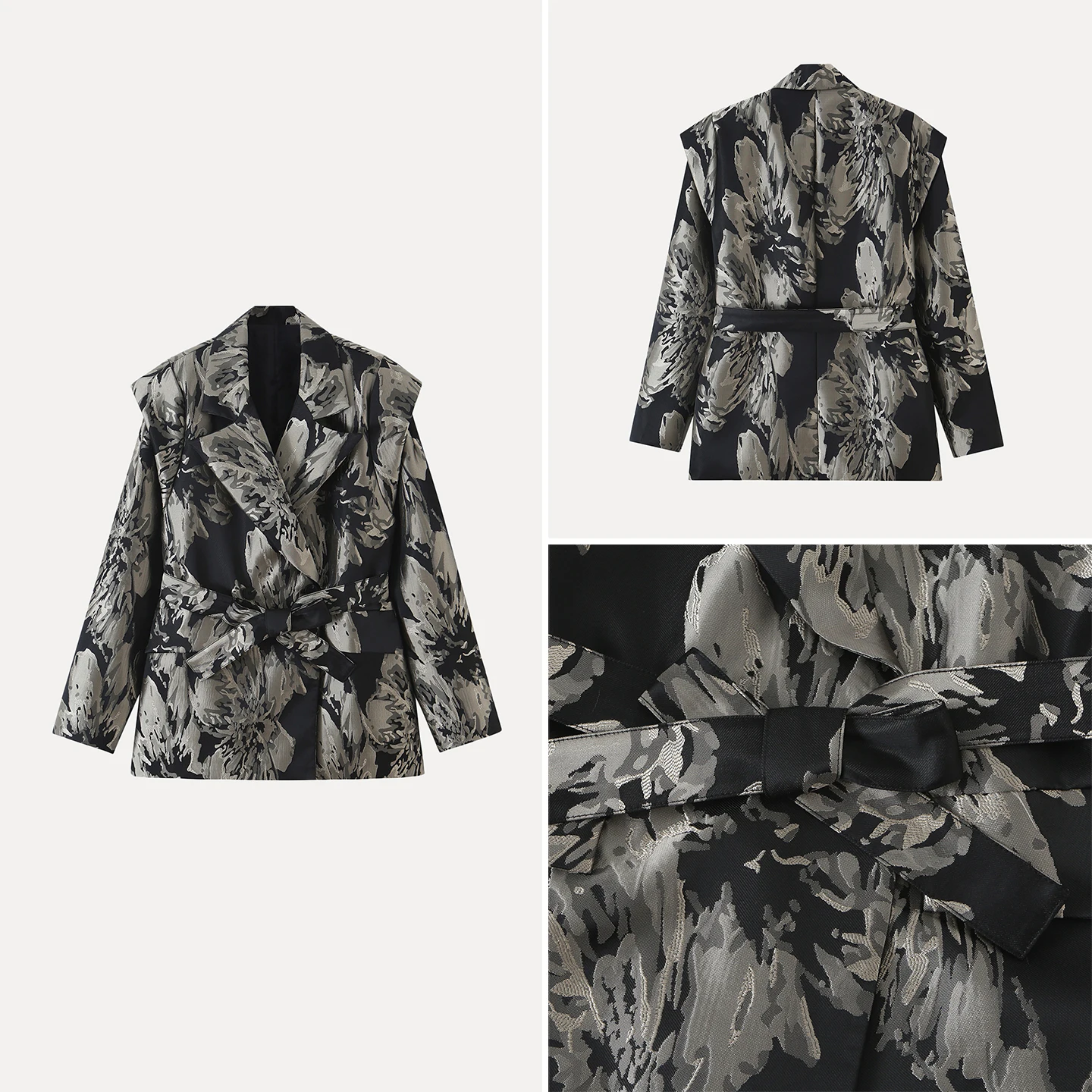 Fashionable Loose Women's Suit Jacket with Texture Print Belt Autumn 2026 New Arrival Elegant Casual Short Outerwear