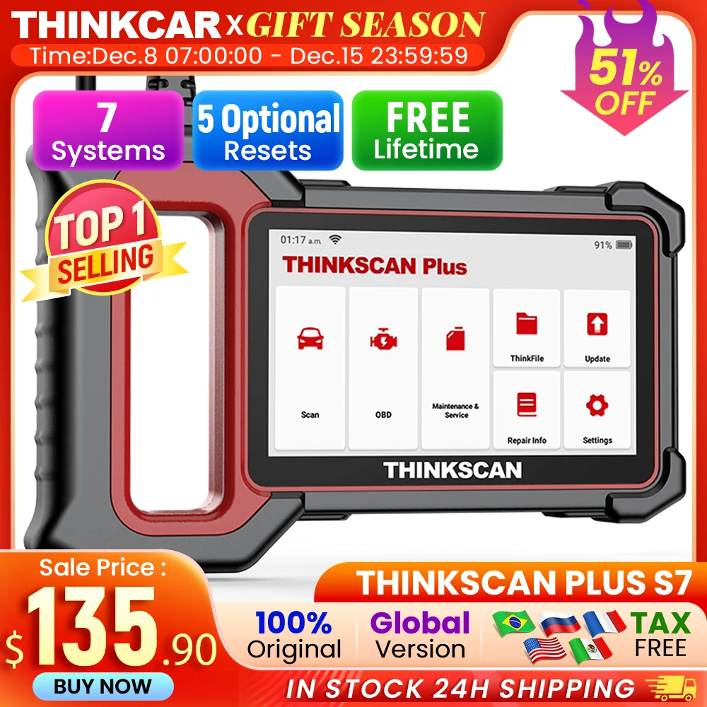 THINKCAR THINKSCAN PLUS S7 Professional Car Diagnostic Tools Automotive OBD2 Scanner Diagnose Code Reader 5 Resets Free Update