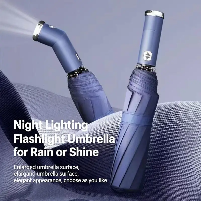New Fully Automatic Three Fold Umbrella Rotatable LED Flashlight Business Wind Resistant Folding Umbrella Sunny Umbrella