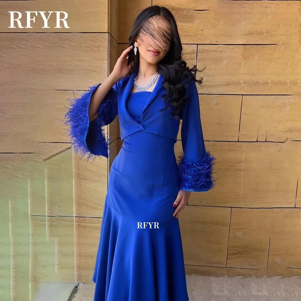 

RFYR Tea Length Evening Dress with Feathers Party Dress Long Sleeve Celebrity Dress for Women vestidos de fiesta Customized