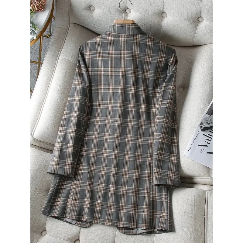 Coffee Gray Plaid Women Casual Blazer Coat Female Long Sleeve Single Breasted Loose Jacket For Office Ladies Work Wear