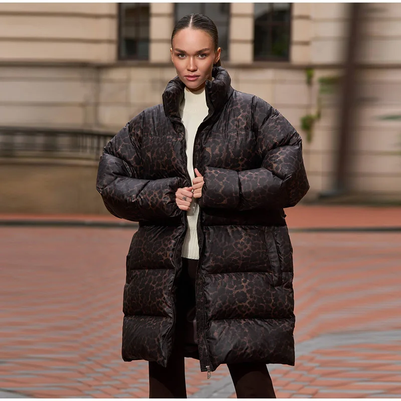 Leopard Print Hooded Puffer Women's Winter Coat Belted Waist Midi Length Padded Jackets for Woman Jacket Warm Streetwear
