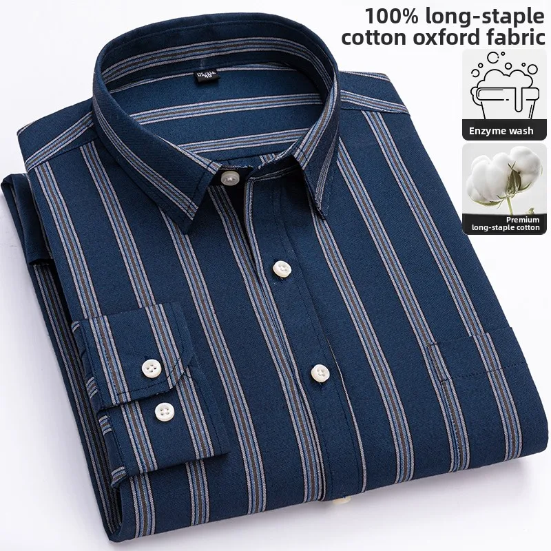Качественная мужская рубашка из 100% чистого хлопка с длинным рукавом для оксфорда, мужская рубашка в клетку в полоску, рабочие повседневные рубашки с карманами, S-7XL 8XL