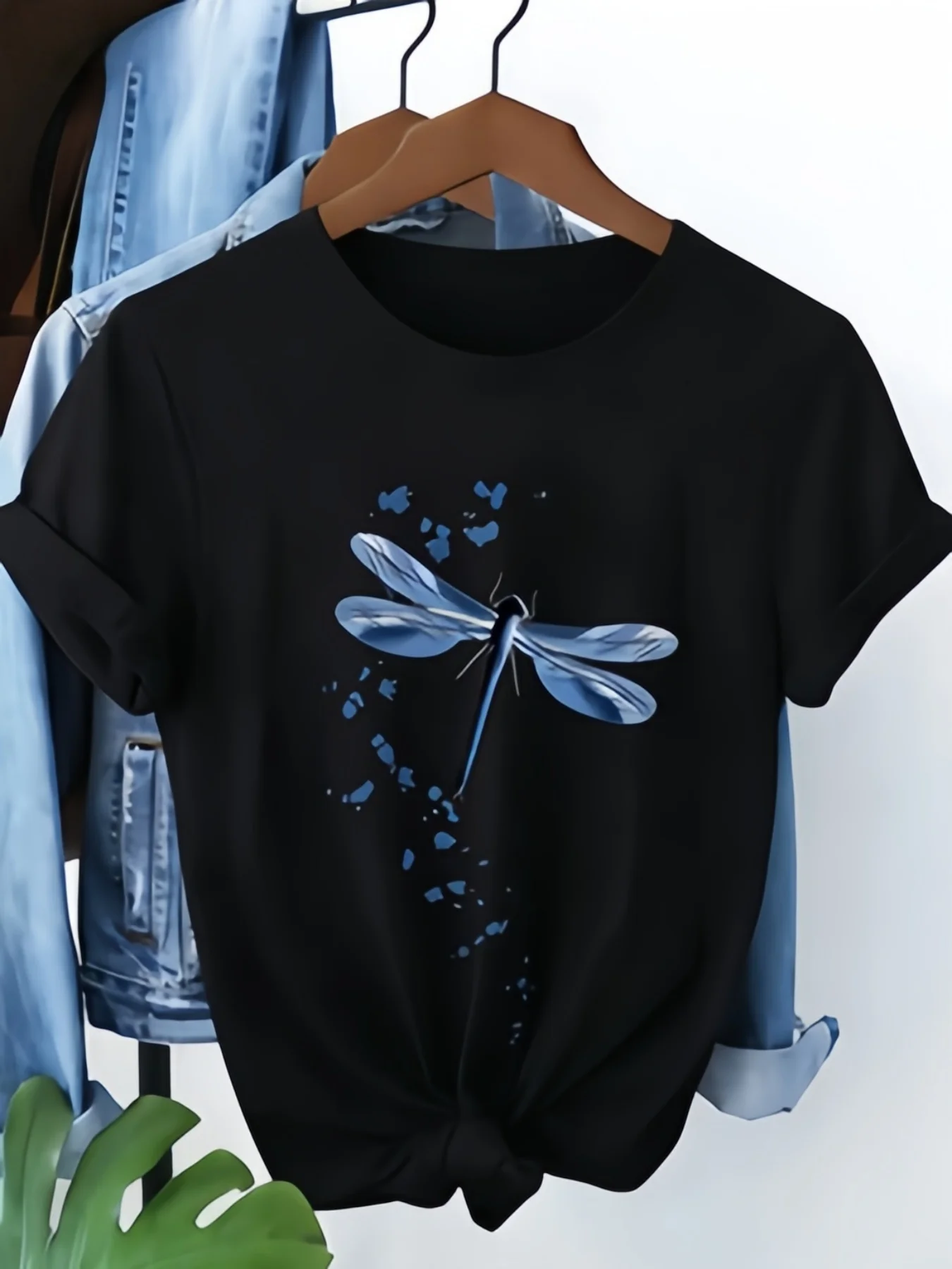Dragonfly and Floral Print Pure Sleeve Easy Care Trendy Casual Style Suitable Everyday Wear Harajuku Sleeve Aesthetic Clothes