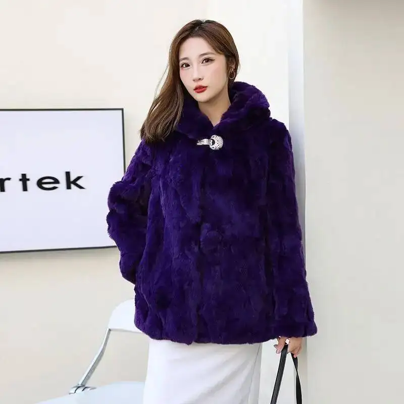 حقيقي ريكس الأرنب الفراء هود معطف فروي امرأة فاخرة موضة جلدية الشتاء سترة المرأة الجلد كله 2025 للإناث القمم الطبيعية #6