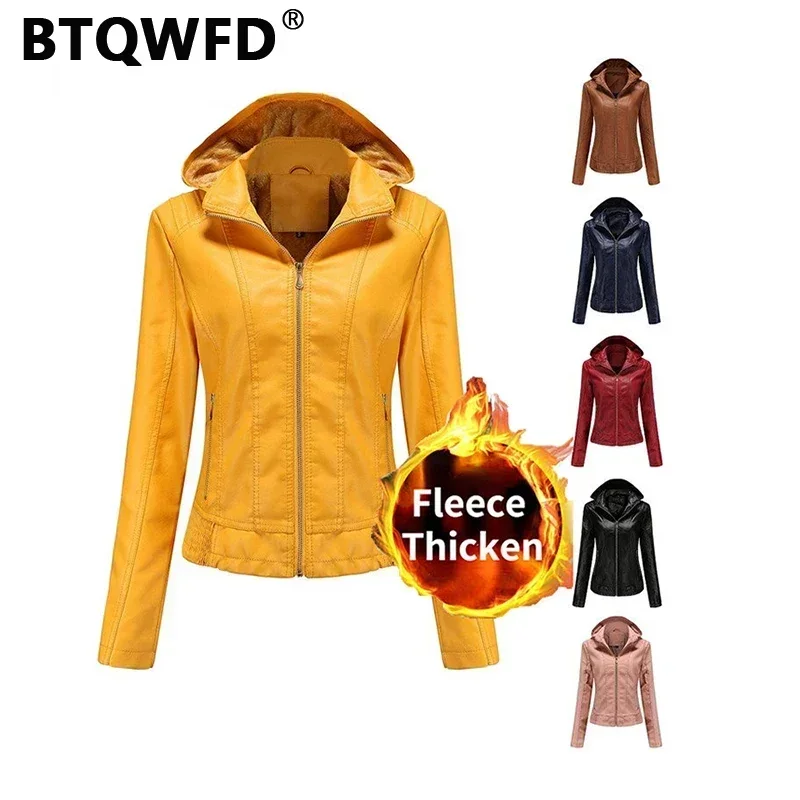 BTQWFD Detachable Hat Jackets Women\'s Winter Fleece Hooded Coats Female Clothing 2024 Autumn PU Leather Motor Biker with Pocket