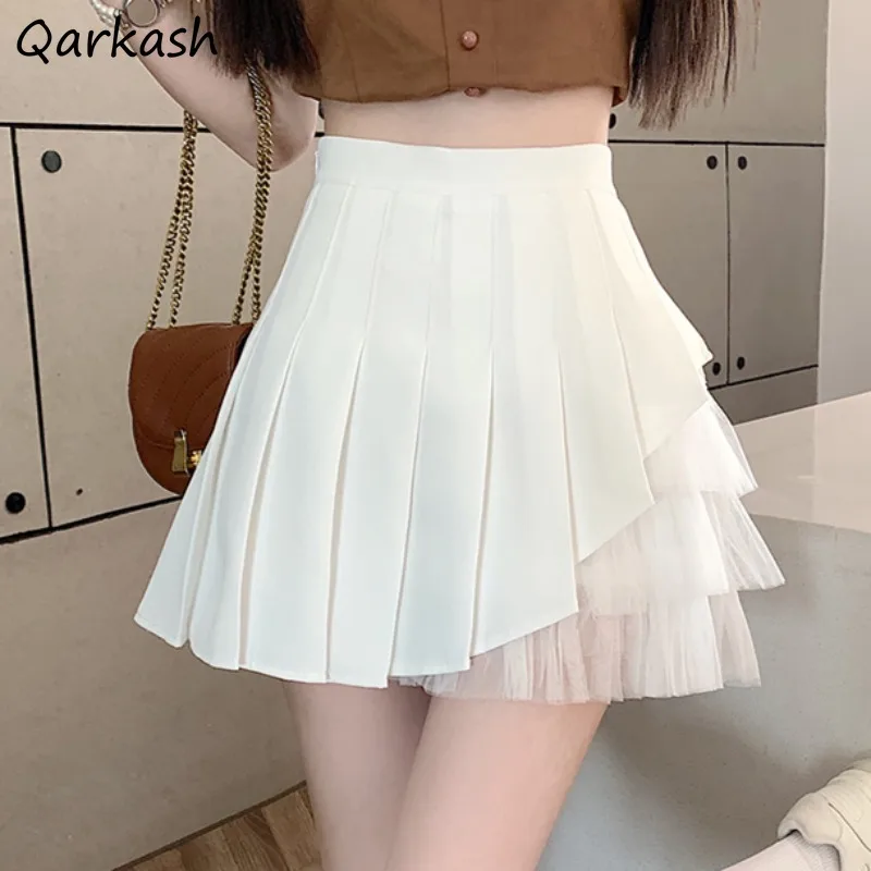 

Mini Skirts for Women Solid Summer Girls Patchwork Mesh Casual High Waist Korean Style Ins Young College Pleated Chic All-match