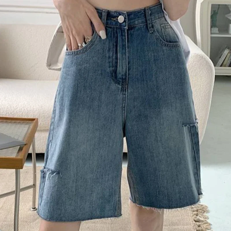 Denim shorts damesmode hoge taille eenvoudig effen ontwerp recht vrije tijd zomer gat all-match hotsweet dagelijks elegant doe oud
