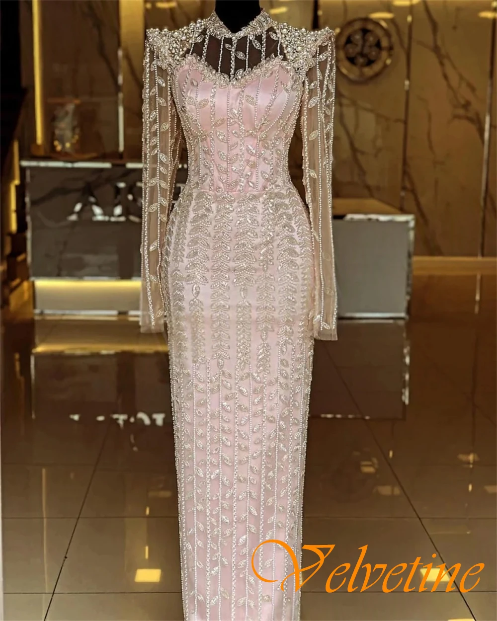 Customized Delicate Satin High Collar Evening Dress Exquisite Long Sleeves Prom Dresses Delicate Crystal Special Occasion Gowns image 3