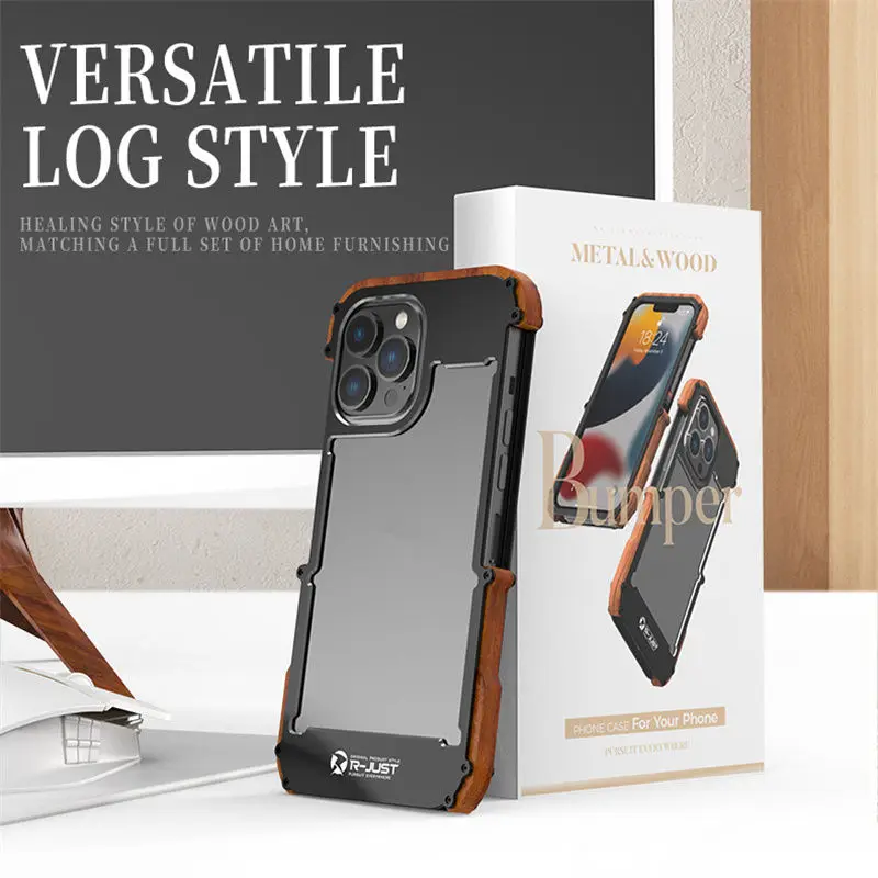 R-JUST Luxury Ironwood 1st Metal Armor Case for iPhone 15 Pro Max XR 11 12 13 Pro 14 Plus Shockproof Contrast Metal & Wood Case