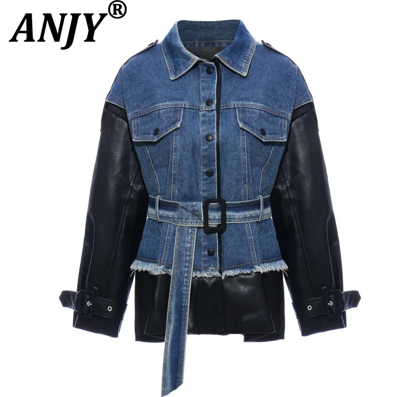 

ANJY Autumn Winter New Women American Personalized Fashion Spliced Denim PU Leather Tide Jacket Ins Versatile Windbreaker A10702