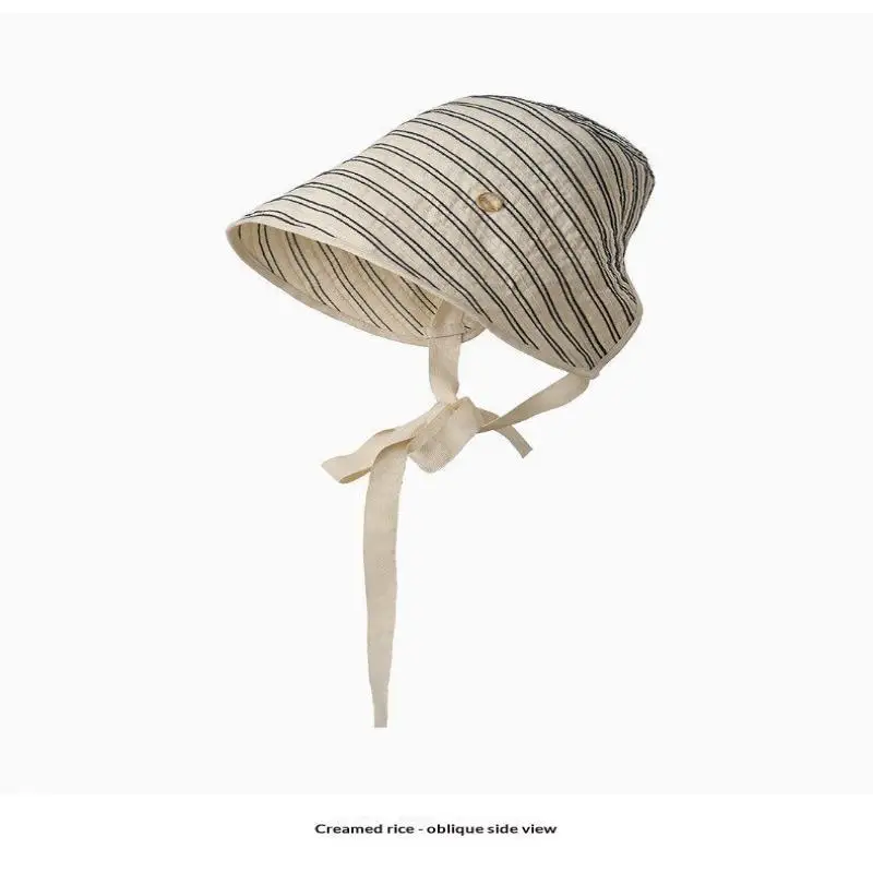 Atmungsaktive gestreifte Leinen-Sonnenschutzmütze mit verstellbarem Kinnband, UV-Schutz für Strandurlaub und Outdoor-Aktivitäten. – Detail 15