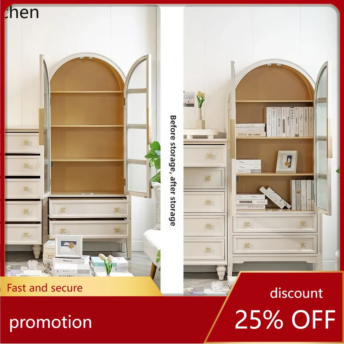 

HXL arched with glass door locker living room study high cabinet bookshelf cream wind display cabinet