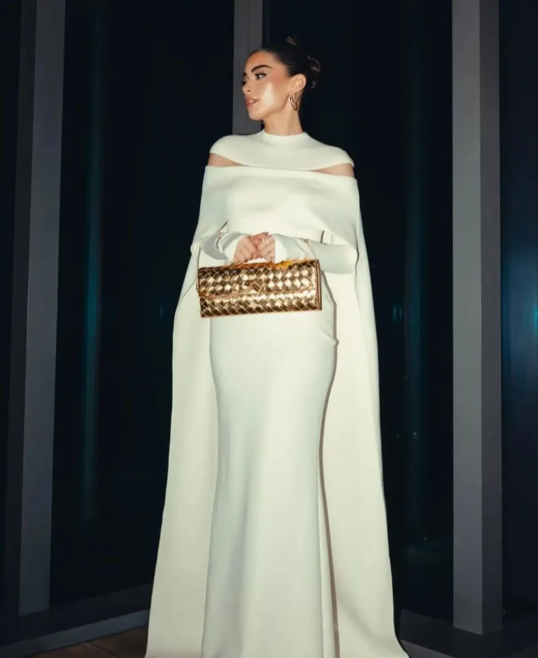 

Ofherown White High Neck Mermaid Prom Gown With Cape Long Sleeve Foemal Evening Dress Arabic Women Wedding Ramadan Party Gala