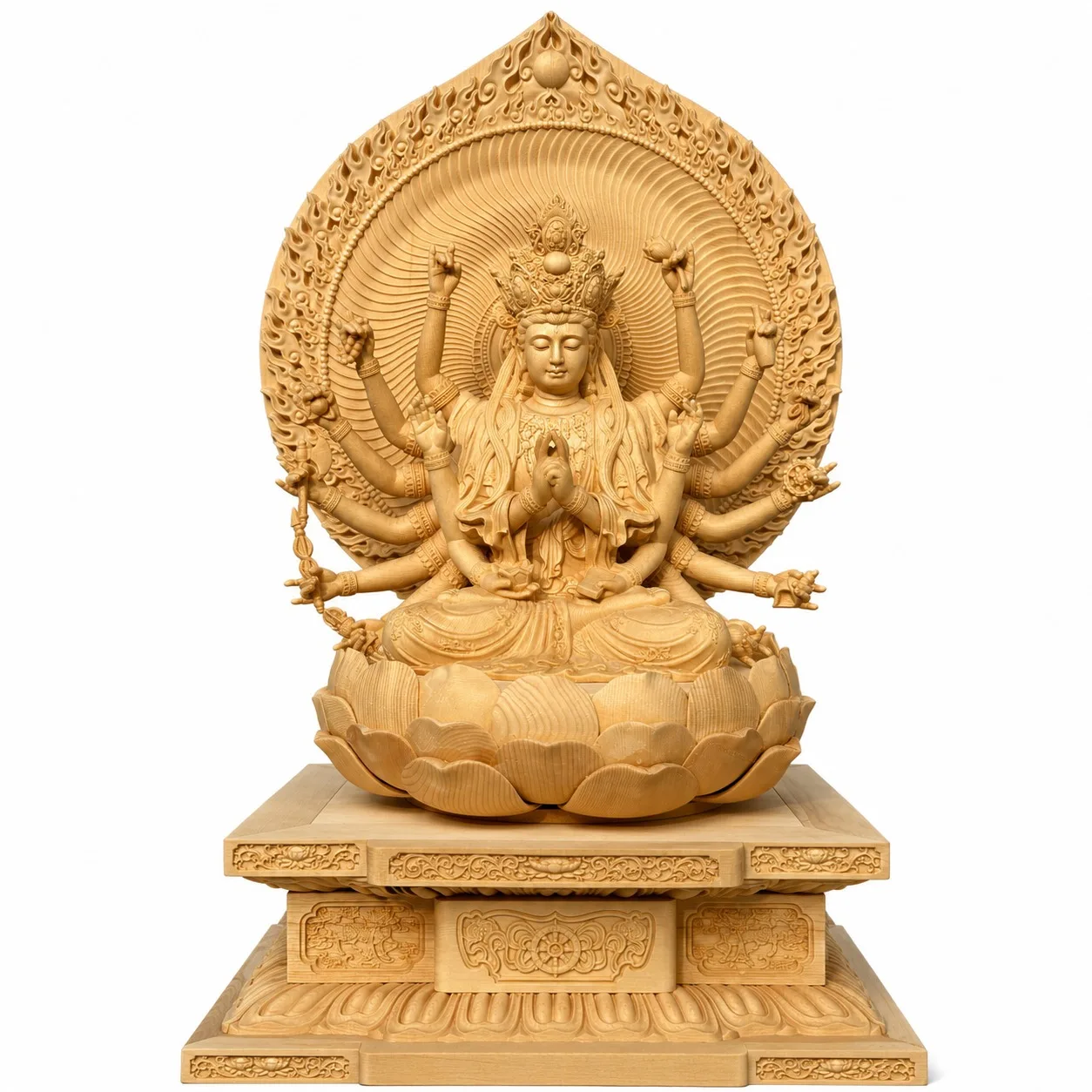 Large Fine Hand Carved Hinoki Wood Cundi Bodhisattva Statue for Traditional Chinese Buddhist Temple Living Room Home Decor