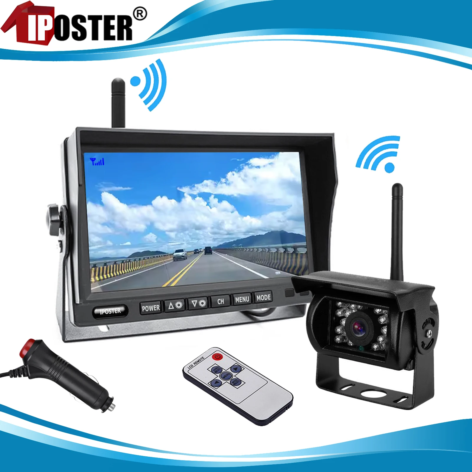 

iPoster Wireless 7" Monitor Backup Reversing Camera Night Vision Waterproof 2.4GHz 12-24v For 10m Vehicles