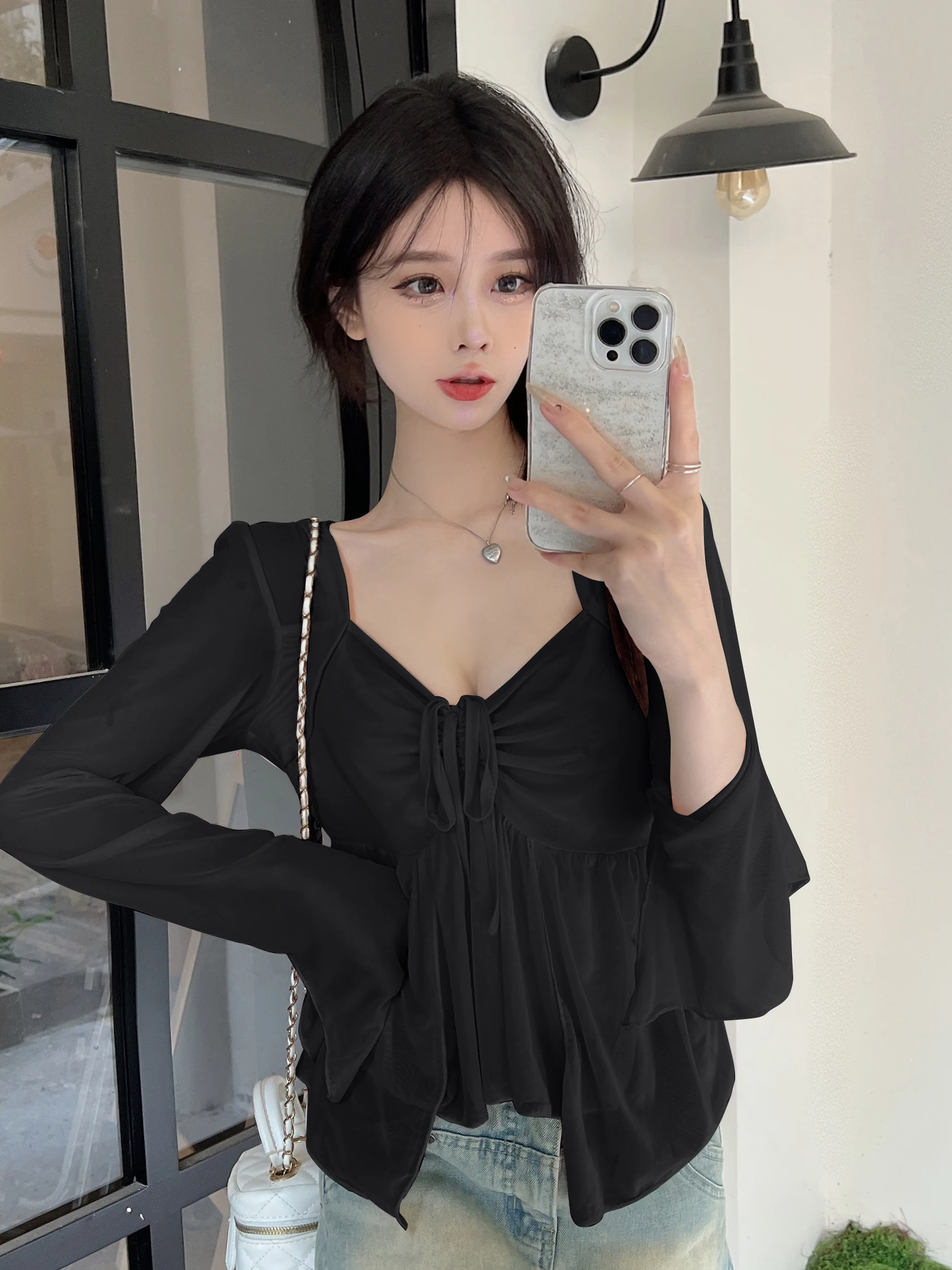 plus Size Women's Slimming Sexy Long Sleeve Shirt Set Conceal Meat Korean Style V-neck Commute Fashion Spring Collection