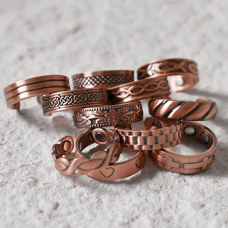 Fashionable Simple Line Symbol Pattern Copper Opening Magnetic Ring Retro Men's and Women's Joint Pain Treatment Jewelry