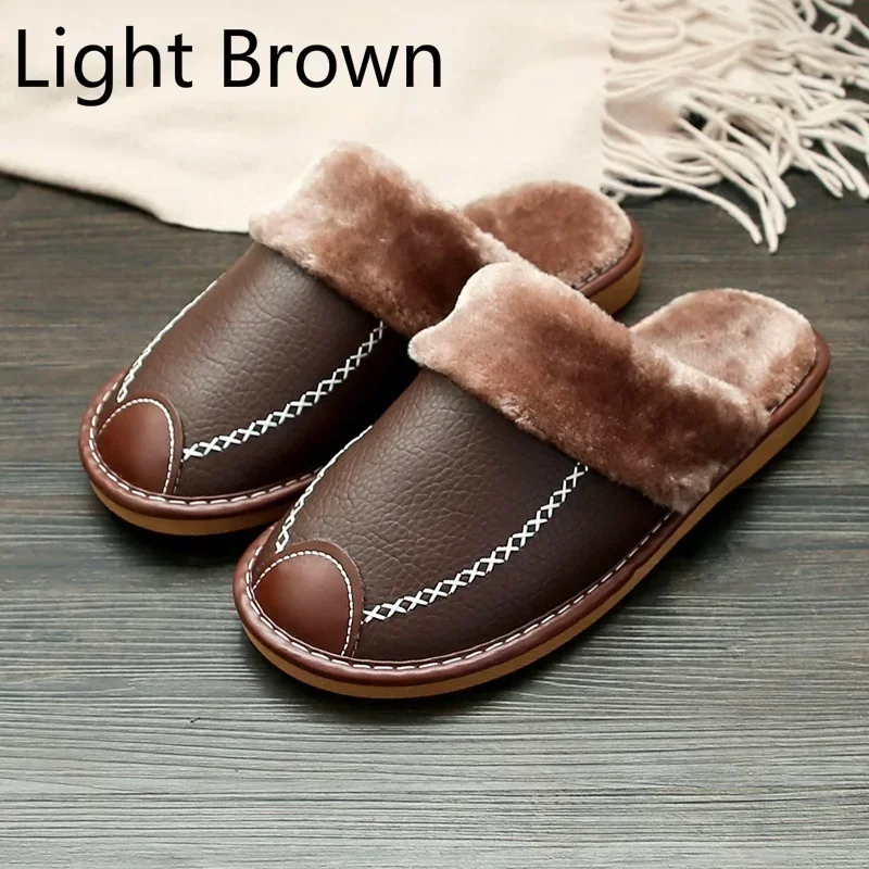 Men Leather Slippers Winter PU Leather Slippers Warm Indoor Slipper Soft Waterproof Home House Shoes Men Warm Leather Slippers