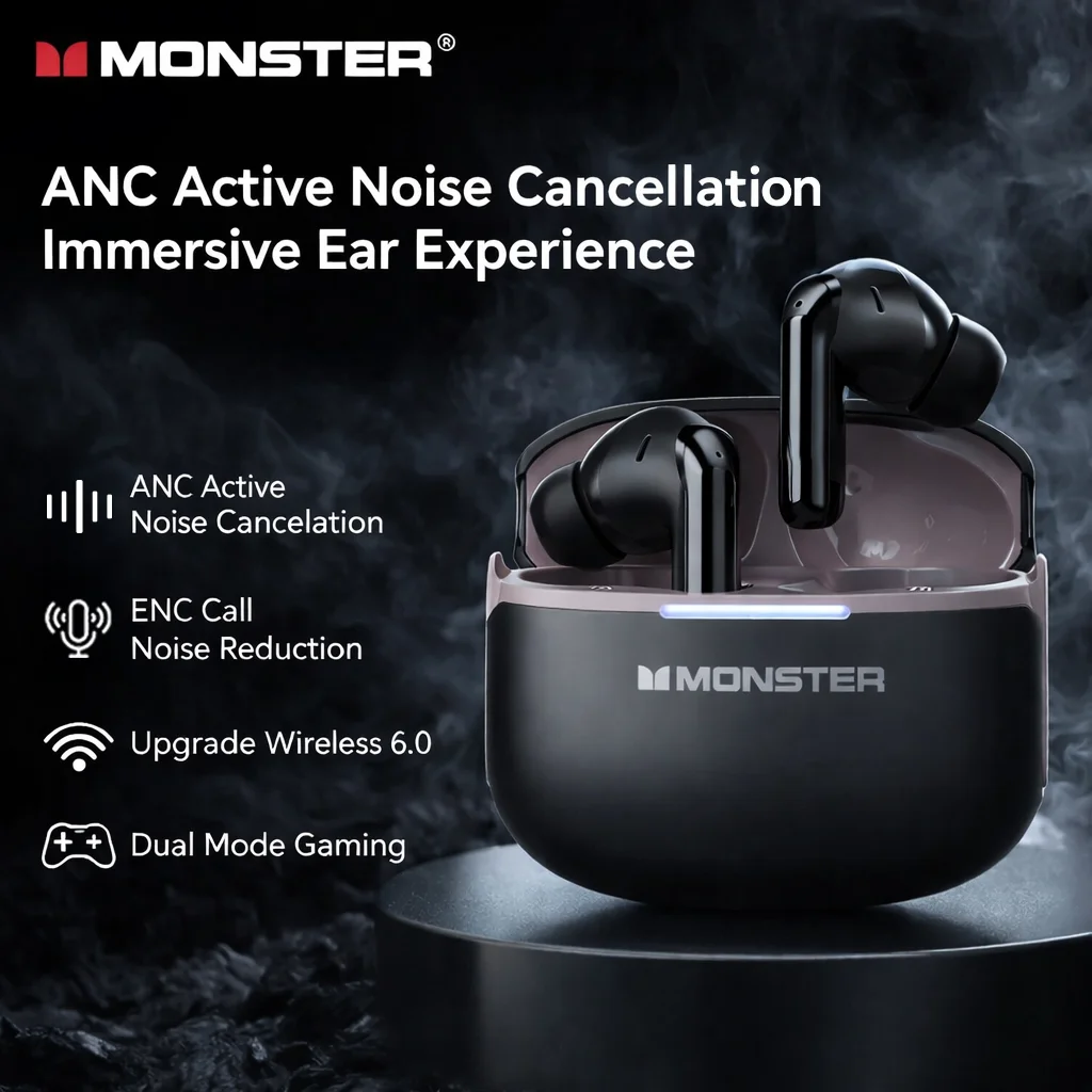 MONSTER AURA FIT D02 Беспроводные наушники-вкладыши Bluetooth — эргономичный дизайн ANC с активным шумоподавлением и двойным режимом выбора