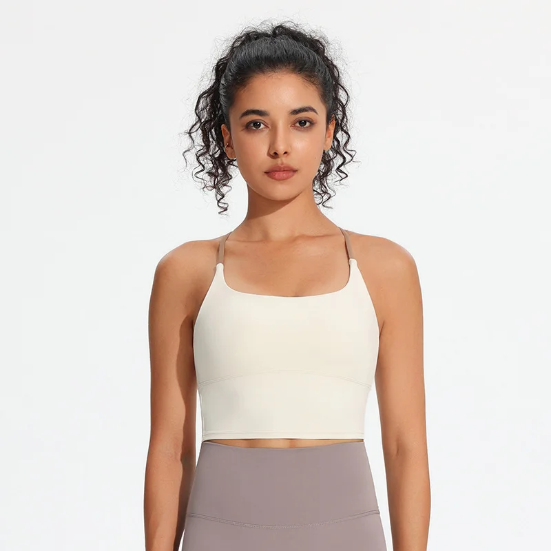 Color Block Sports Bra Criss Cross Cutout Back Seamless Yoga Tank Built-in Pad Women's Naked Feeling Workout Top