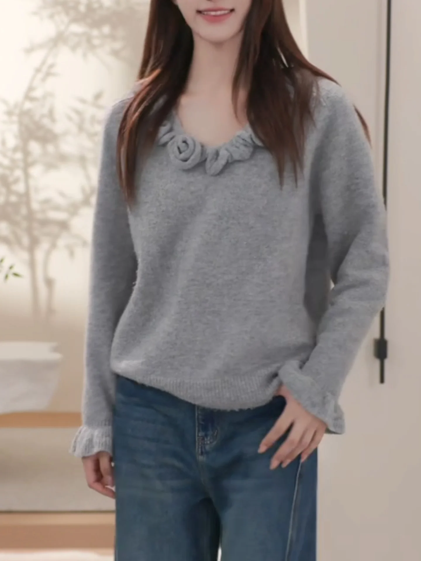 

Мягкий уютный женский вязаный свитер свободного кроя с 3D-цветочным декором в корейском стиле, теплый, длинный, шерстяной, для повседневной носки