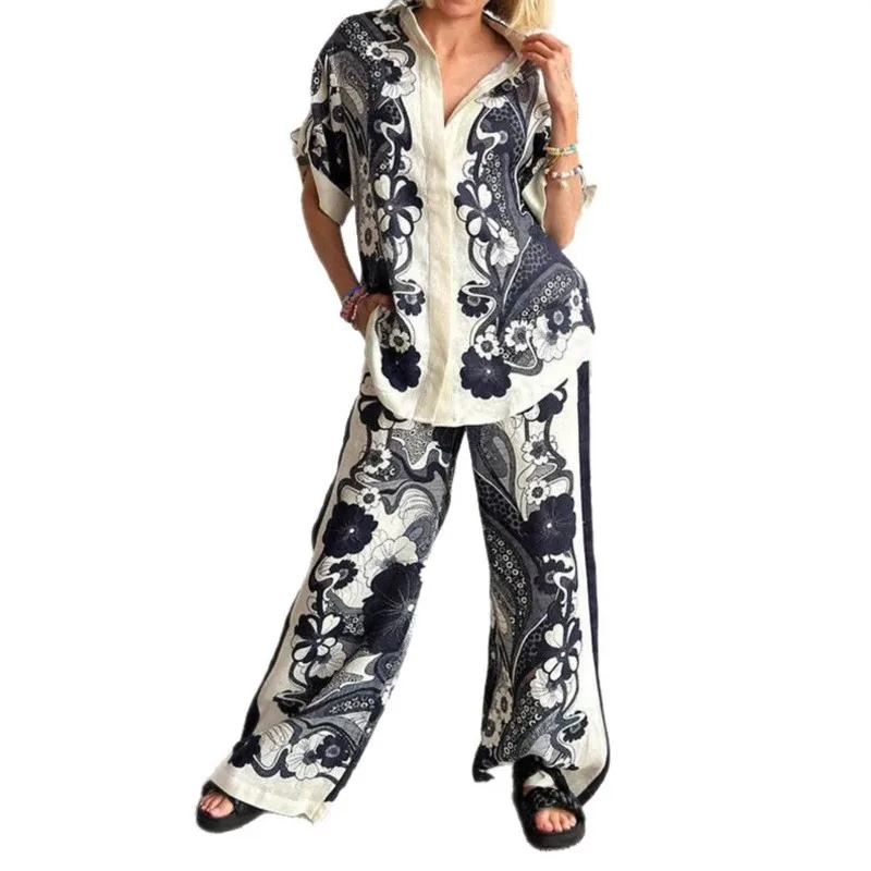 

New Printed Shirt 2 Piece Set for Women 2025 Summer Versatile Short Sleeves Shirt Tops Office Casual Loose Wide Leg Pants Sets
