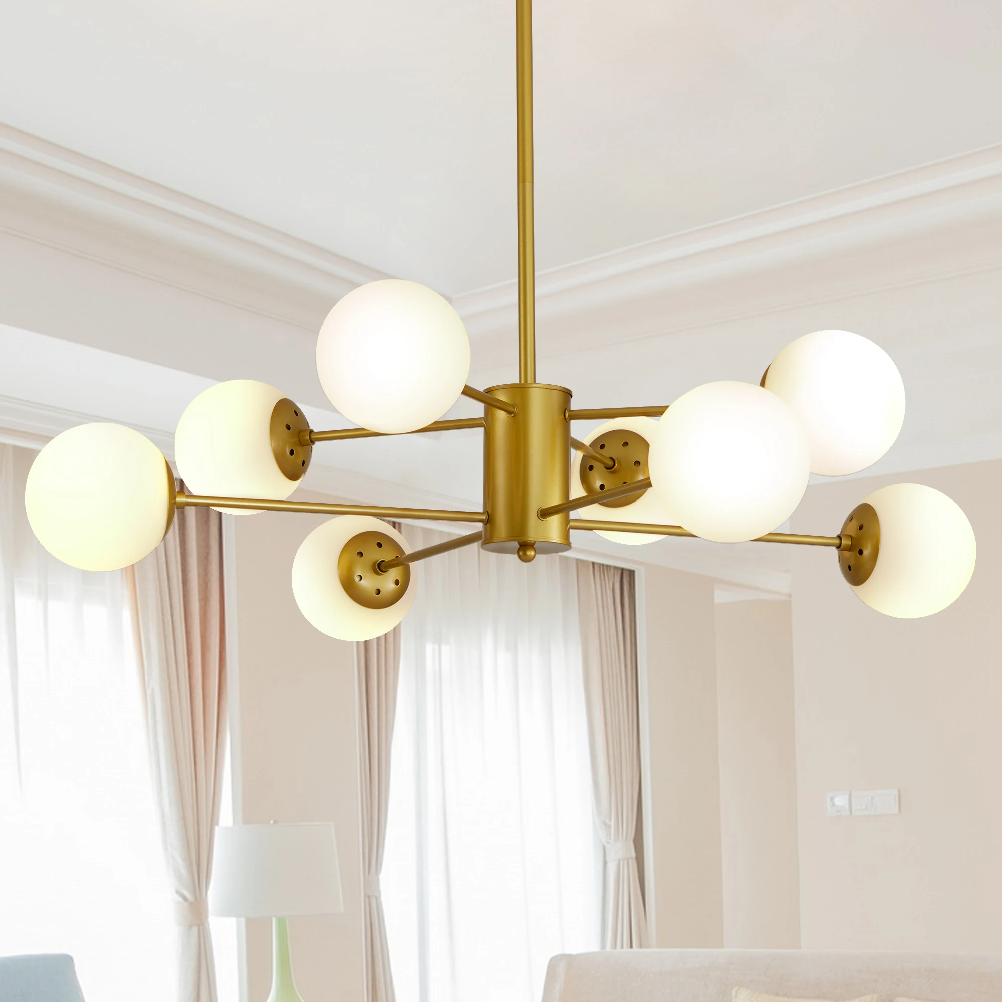 Modern 8-Light Gold Chandelier with White Glass Globe Shades, Mid-Century Branching Design, Elegant Ceiling Light Fixture