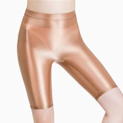 Pantaloncini in Spandex vita alta Running Fitness pantaloni lucidi raso collant lisci nuoto elastico giapponese Yoga Sexy olio lucido stretto