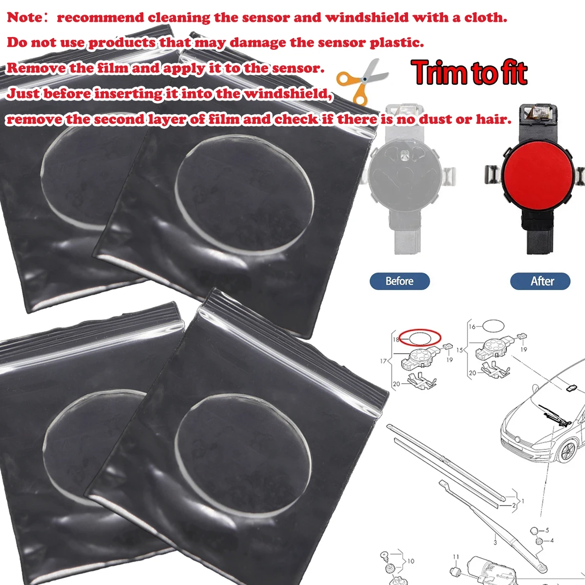 

4PC For SEAT SKODA VW Kia Rain Light Sensor Gel Pad Adhesive Film Silicone Cushion Windscreen Chip Repair Kit Multi-Purpose Tape