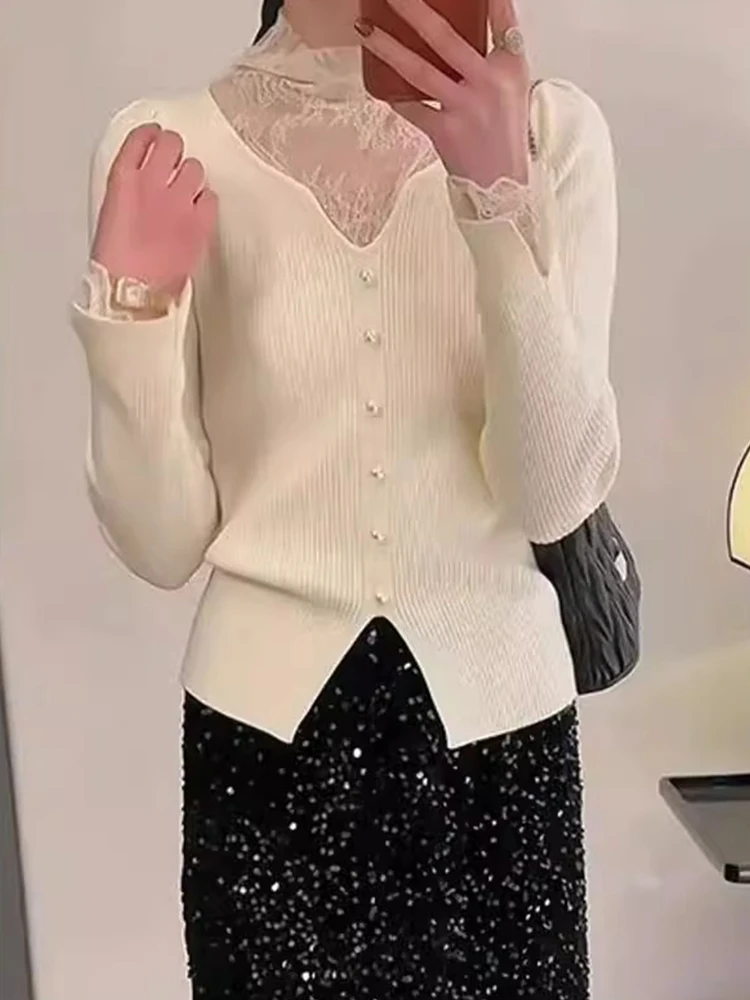 

Slim Fit Long Sve V-Ne Lace Splice Base irt Knitted Sweater Inner Wear Autumn Faionable Women's Korean Sle Top