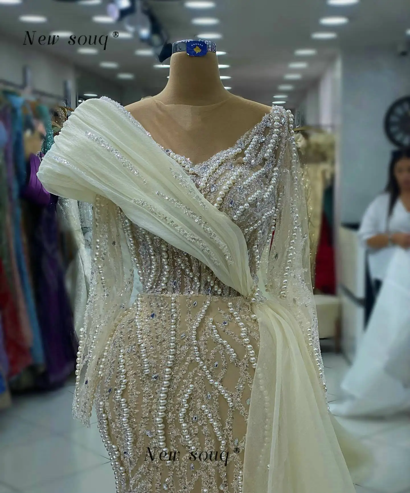 فساتين سهرة بأكمام طويلة مطرزة باللؤلؤ الحريري مع درب جانبي طويل أنيق رسمي لحفلات الزفاف للنساء رداء عربي #4